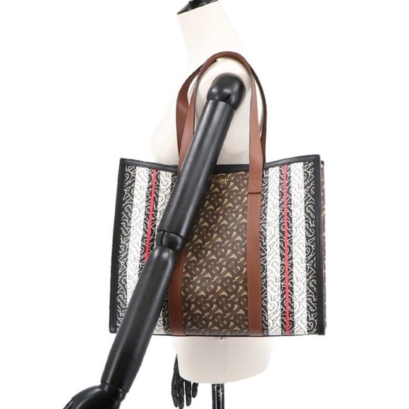 Burberry Monogram Stripe Leather Brown Black White 8019383 Travel Tote Bag - Picture 9 of 9